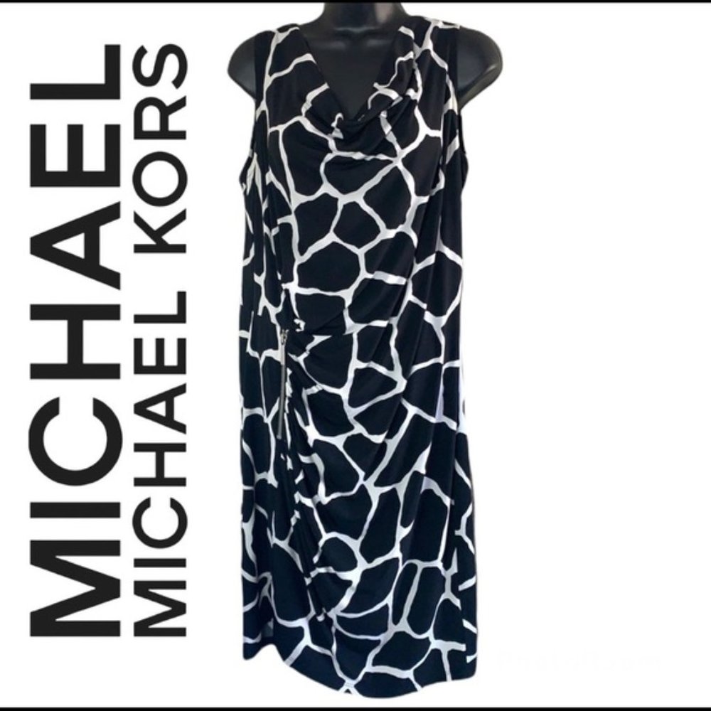 Michael Kors black/white animal print sleeveless midi length dress size L